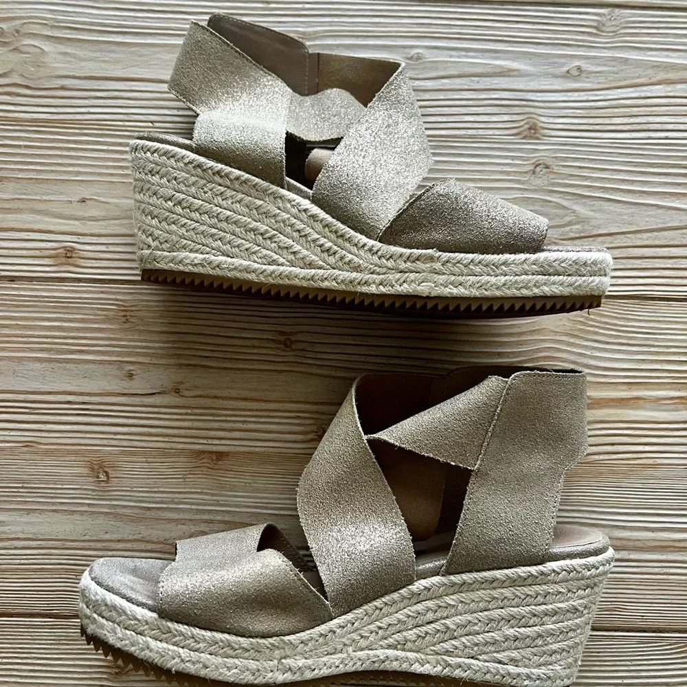 Eileen Fisher Metallic Suede Espadrille Wedge Sandals – Taupe | Size 8 - Picture 2 of 6